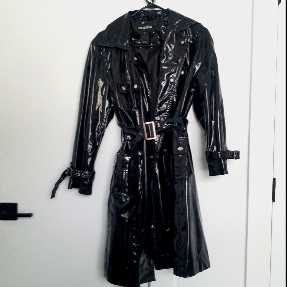 VINYL BLACK LACQUER PVC TRENCH COAT
